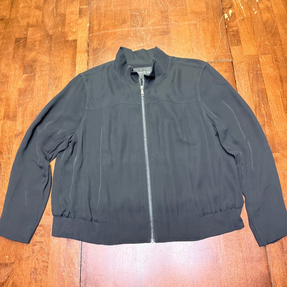 Lafayette 148 New York Silk Black Bomber Jacket Zip Front Ribbed Collar Cuff Hem